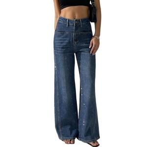 NWT Heipeiwa Rhinestone Wide Leg High Waist Sparkle Flare Jeans Blue 28